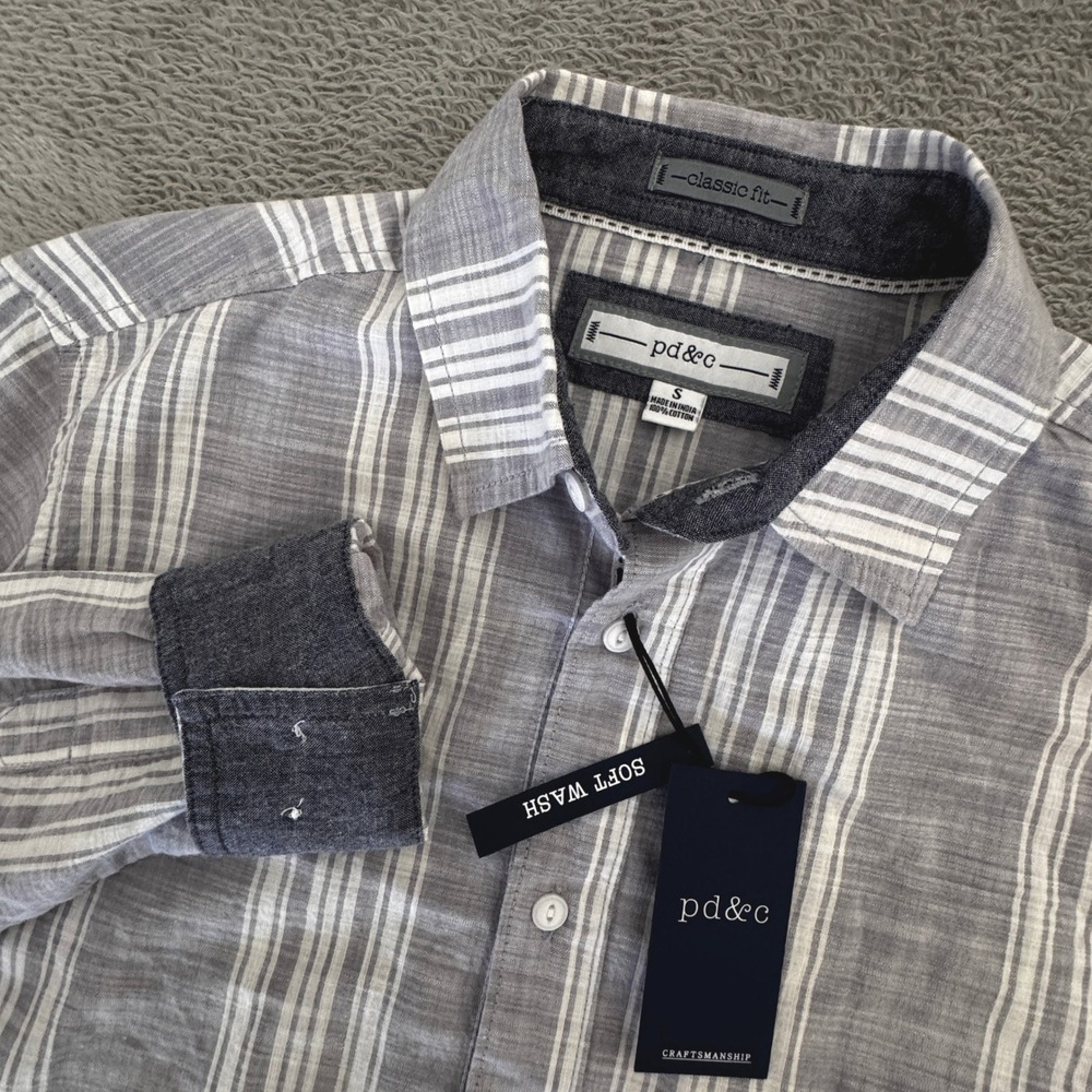 PD&C NWT Men's Long Sleeve Shirt Size Small Grey/White Stripes Button Front